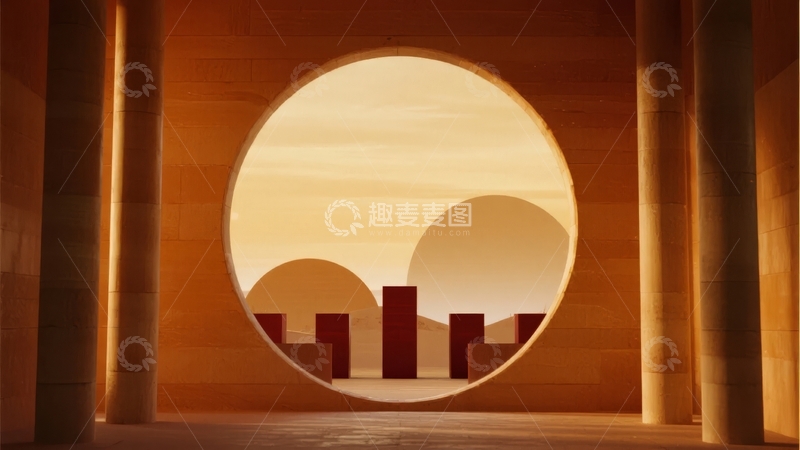 高清大图下载【趣麦麦图】圆形窗洞外的城市剪影与温暖黄昏光影