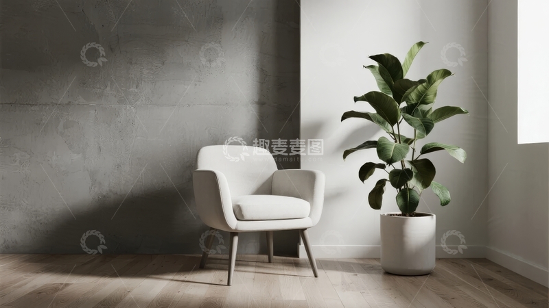 高清大图下载【趣麦麦图】简约室内一角白色扶手椅旁绿植点缀