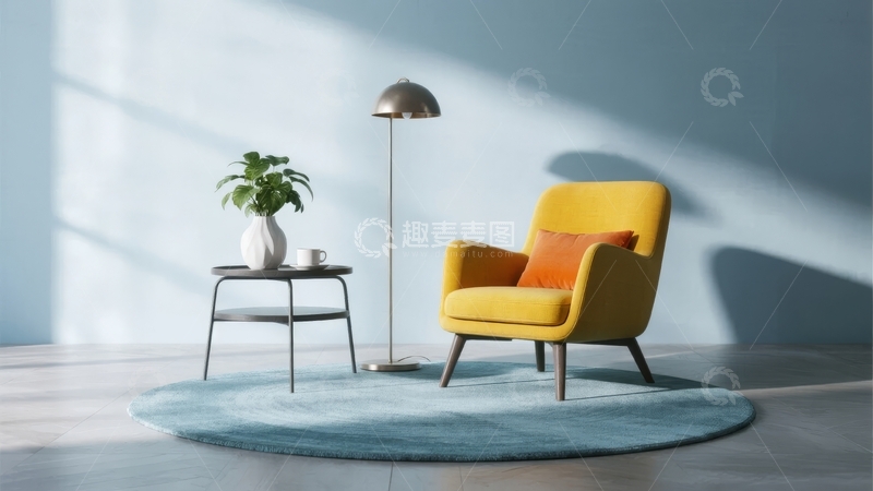 高清大图下载【趣麦麦图】黄色扶手椅搭配蓝色地毯的简约室内角落