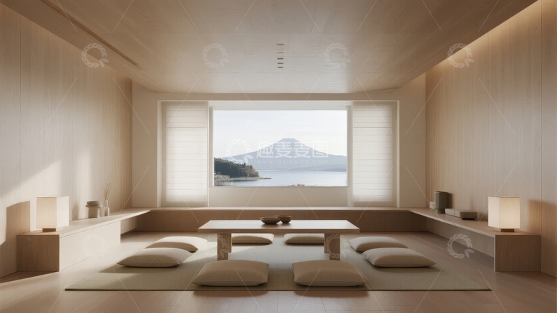 高清大图下载【趣麦麦图】日式简约风格室内空间窗外可见山景
