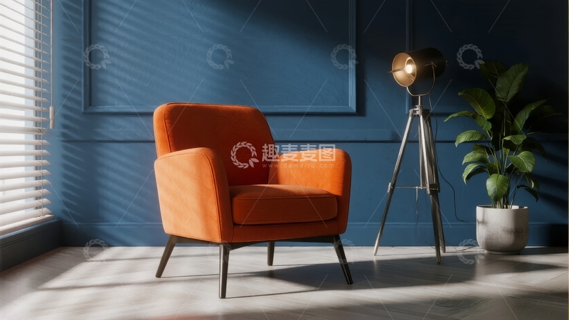 高清大图下载【趣麦麦图】蓝色墙面旁的橙色扶手椅与落地灯