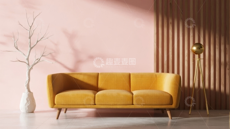 高清大图下载【趣麦麦图】粉色墙面与木质条纹墙的现代简约客厅