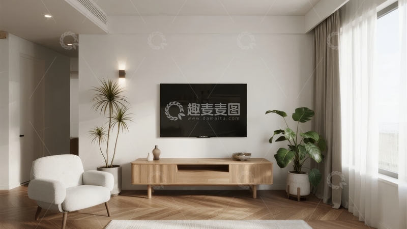 高清大图下载【趣麦麦图】现代简约客厅电视墙设计搭配绿植与舒适座椅