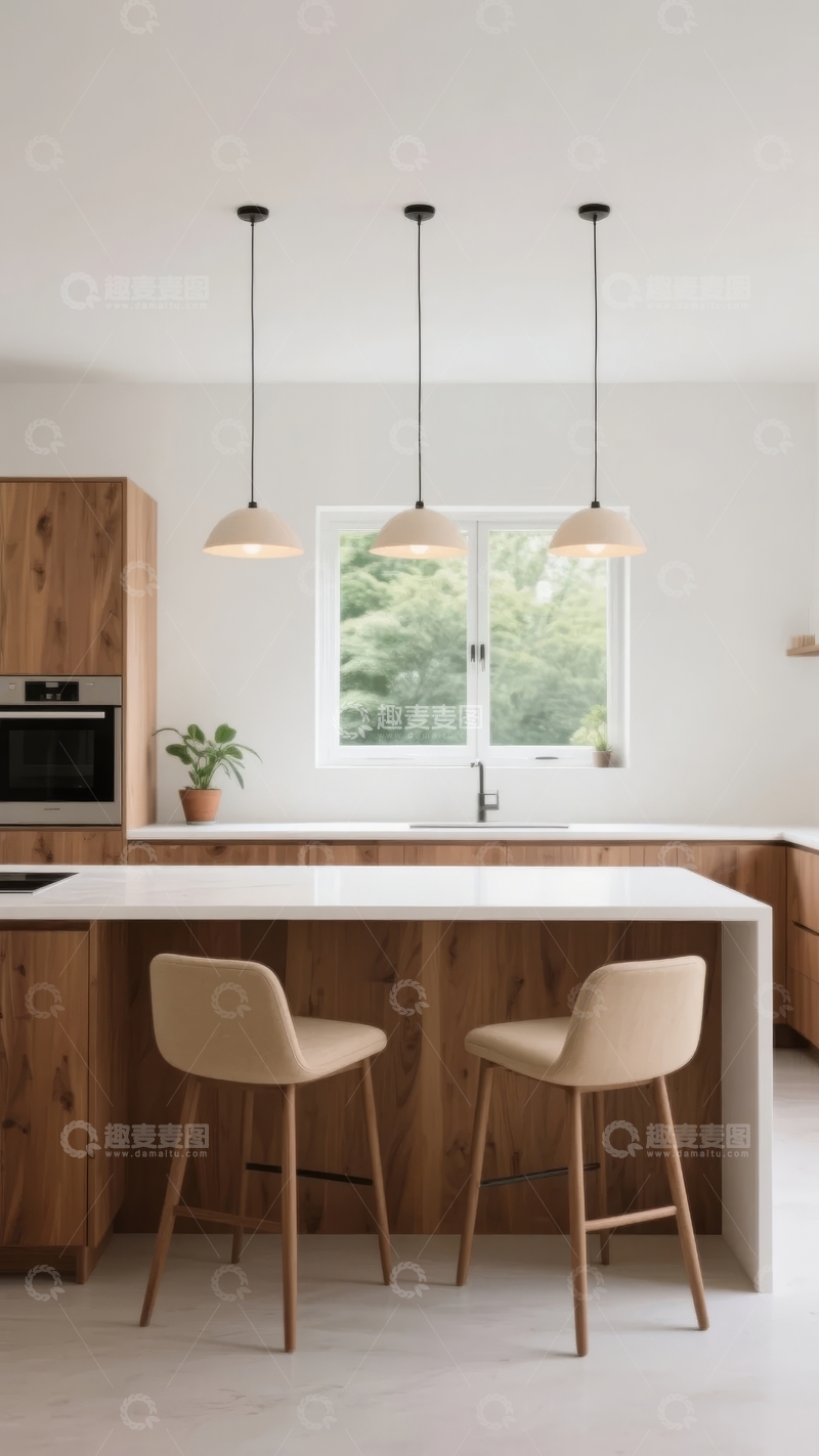 高清大图下载【趣麦麦图】现代简约风格厨房设计白色台面木质橱柜搭配吊灯
