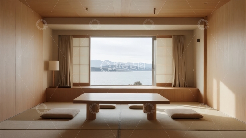 高清大图下载【趣麦麦图】日式榻榻米房间内景配窗外山景