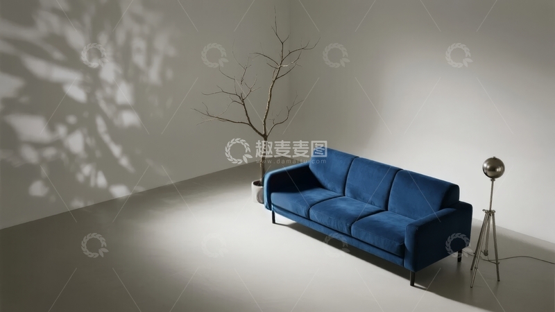 高清大图下载【趣麦麦图】简约室内空间中蓝色沙发与光影树影的静谧角落