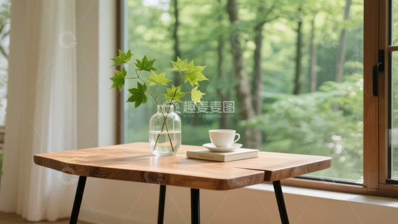 高清大图下载【趣麦麦图】窗边木质桌上摆放绿植与茶具的宁静室内场景