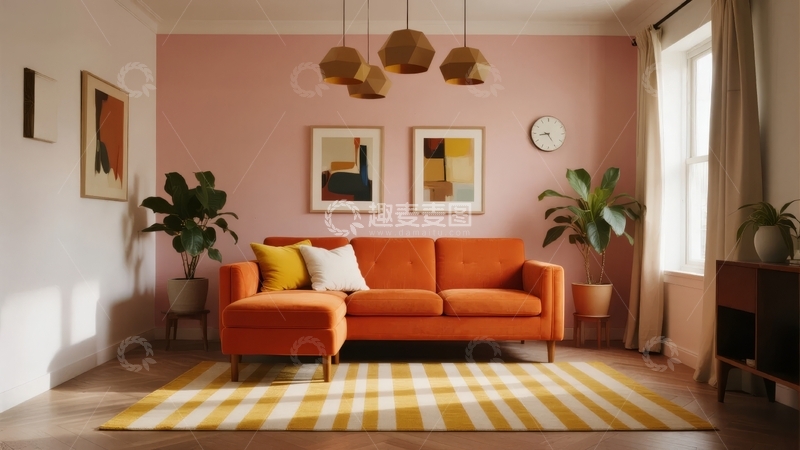 高清大图下载【趣麦麦图】粉色墙面搭配橙色沙发的温馨室内客厅