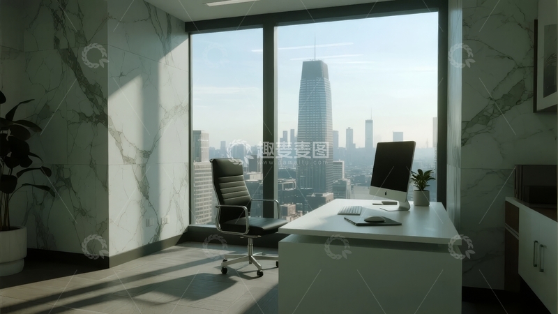 高清大图下载【趣麦麦图】现代办公室内景透过大窗俯瞰城市高楼景观
