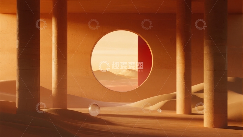 高清大图下载【趣麦麦图】圆形窗口映射沙漠景观的光影艺术场景