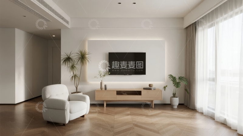高清大图下载【趣麦麦图】现代简约风格客厅设计配有舒适扶手椅和电视墙