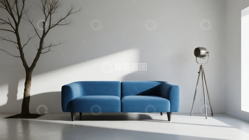高清大图下载【趣麦麦图】简约室内空间蓝色沙发与光秃树木装饰