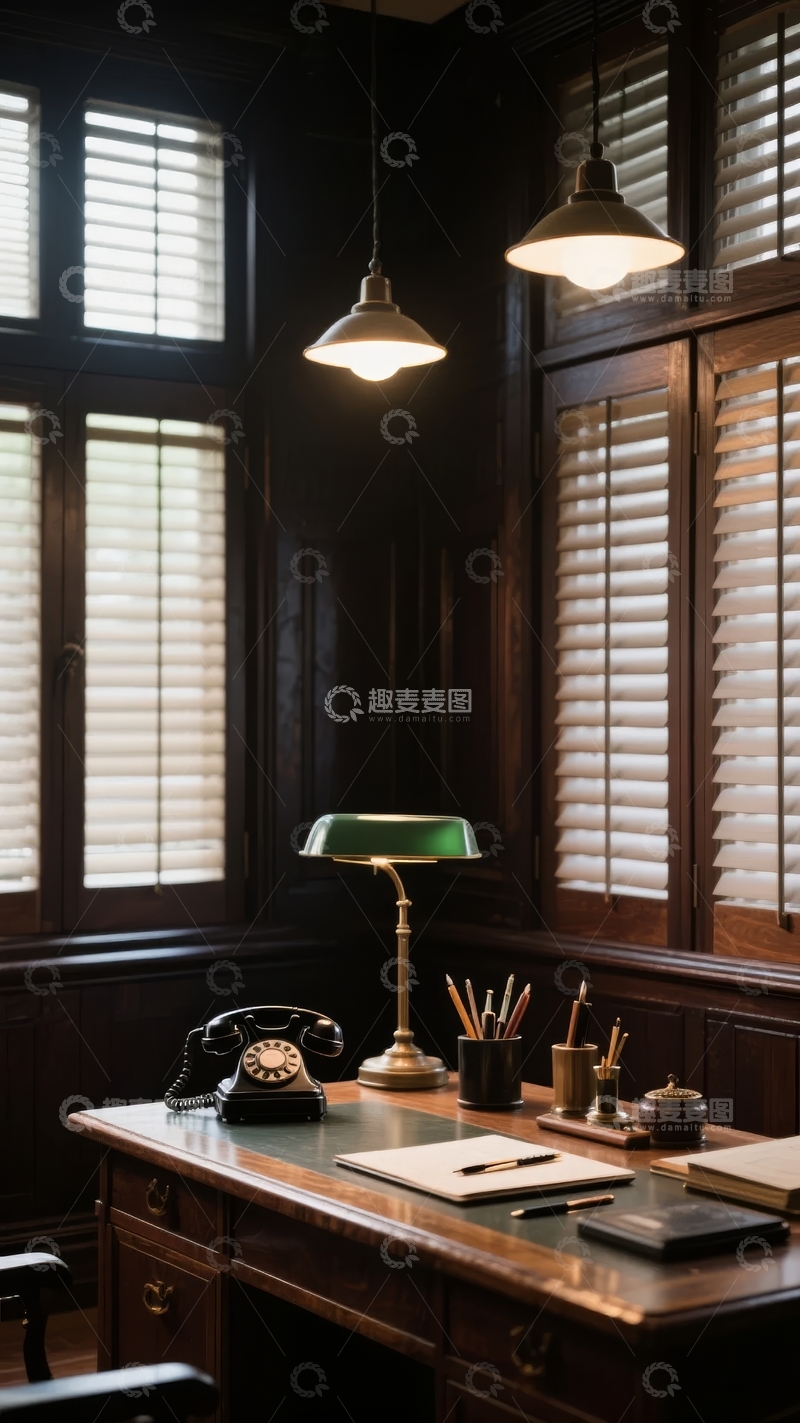 高清大图下载【趣麦麦图】复古风格书房内景配有木质书桌和吊灯
