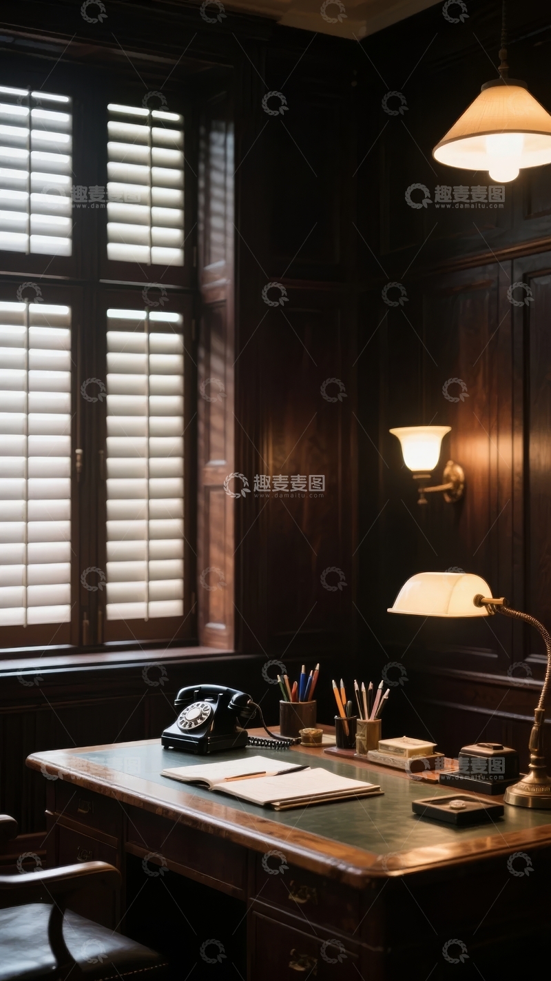 高清大图下载【趣麦麦图】昏暗灯光下的复古木质书房角落