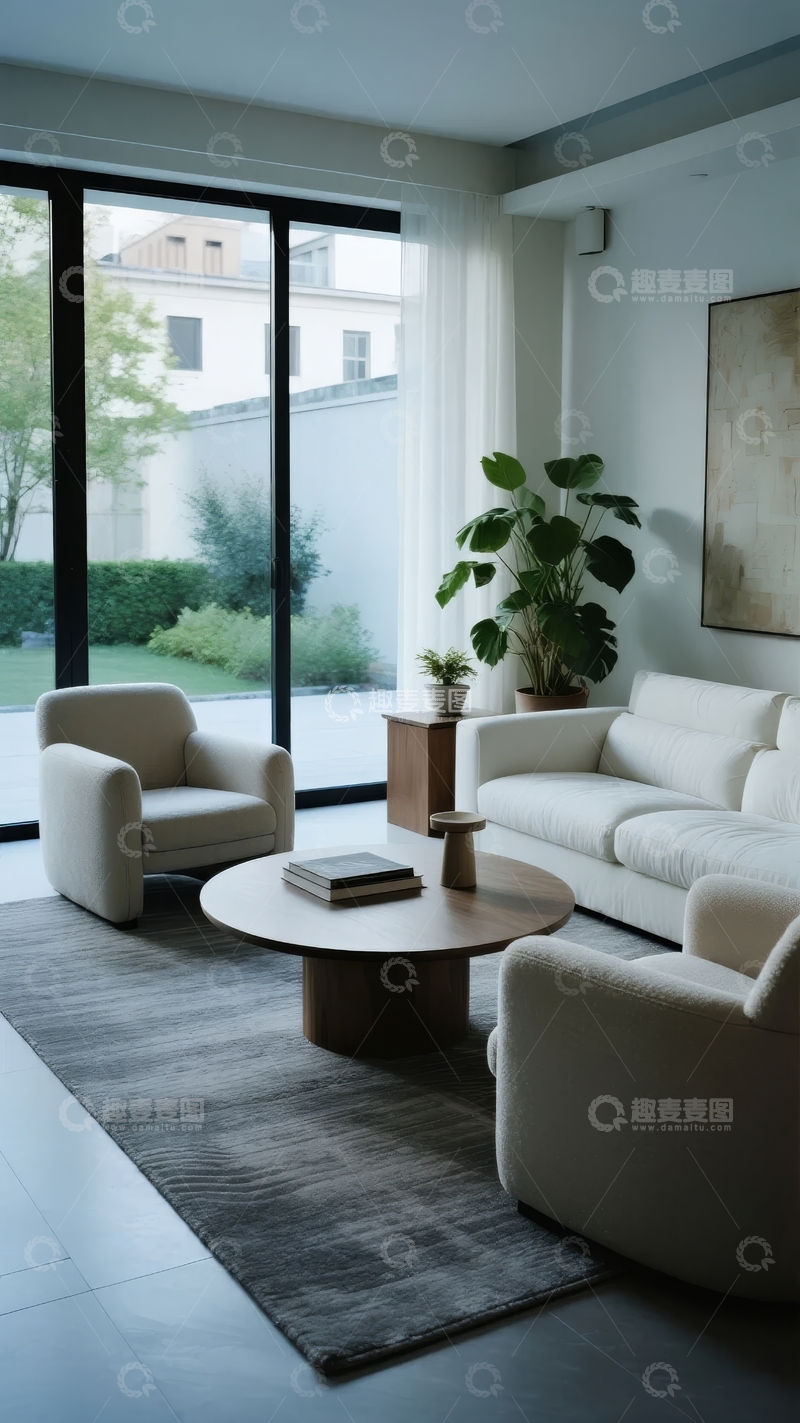 高清大图下载【趣麦麦图】现代简约客厅设计大面积玻璃窗与舒适家具组合