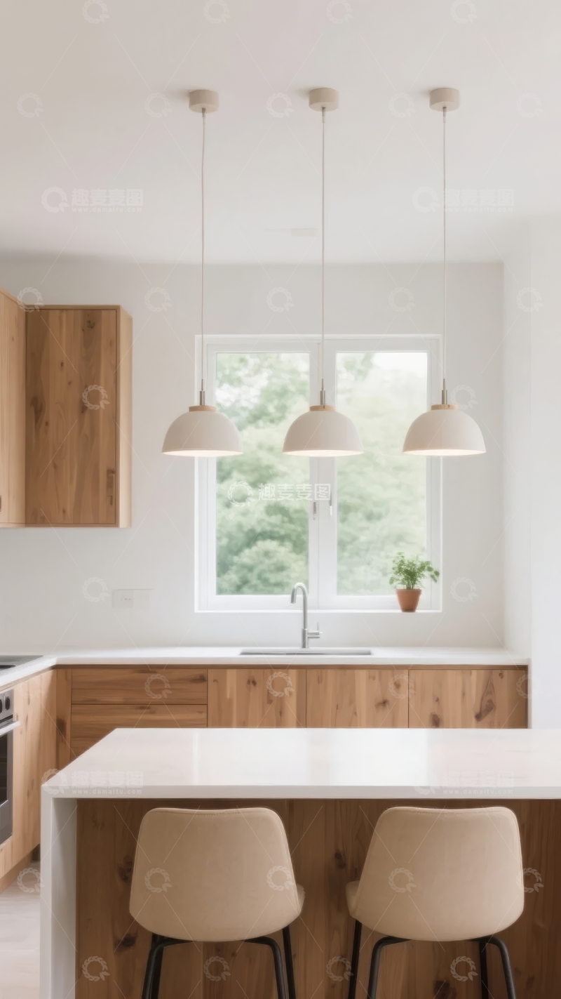 高清大图下载【趣麦麦图】现代厨房悬挂三盏吊灯窗边绿植点缀