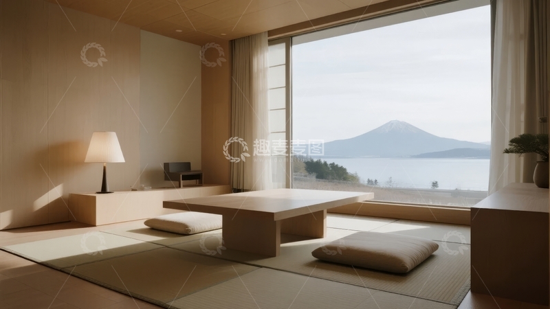 高清大图下载【趣麦麦图】日式榻榻米房间内望向远处山景的宁静视角