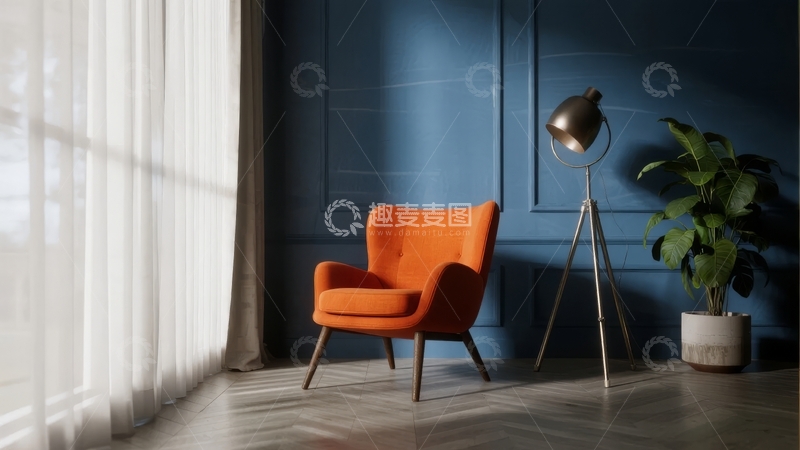 高清大图下载【趣麦麦图】蓝色墙面旁的橙色扶手椅与绿植