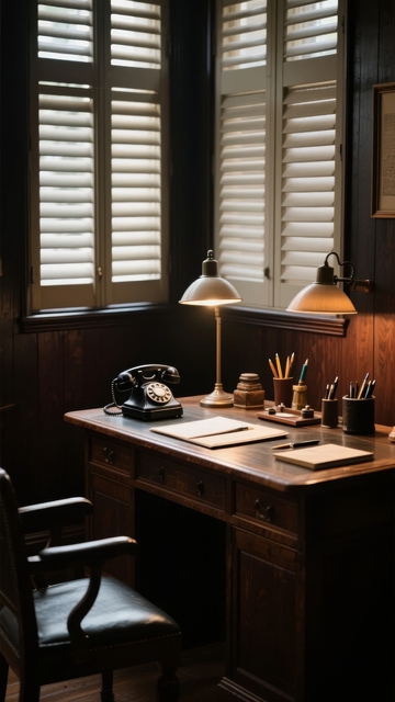 复古风格书房内陈设着老式电话和文具