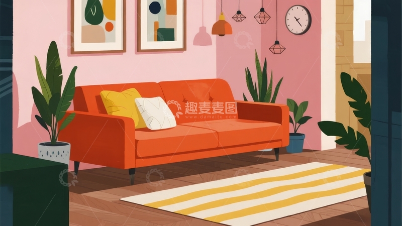 高清大图下载【趣麦麦图】现代客厅插画展示橙色沙发与绿植装饰