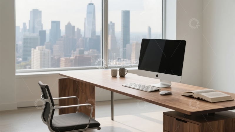 高清大图下载【趣麦麦图】现代办公室内临窗书桌配电脑城市景观