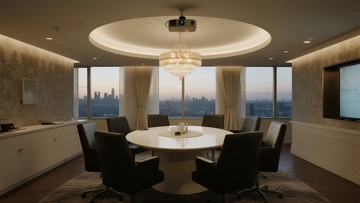 现代商务会议室配备圆形大桌和城市景观视野