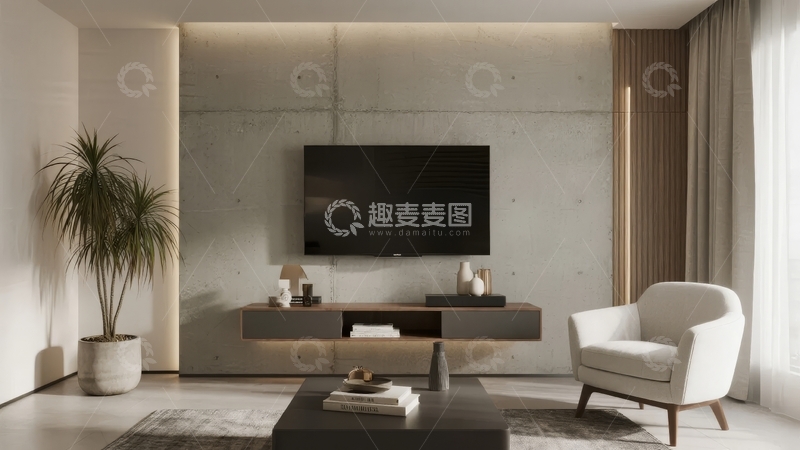 高清大图下载【趣麦麦图】现代简约客厅电视墙设计搭配舒适座椅与绿植装饰