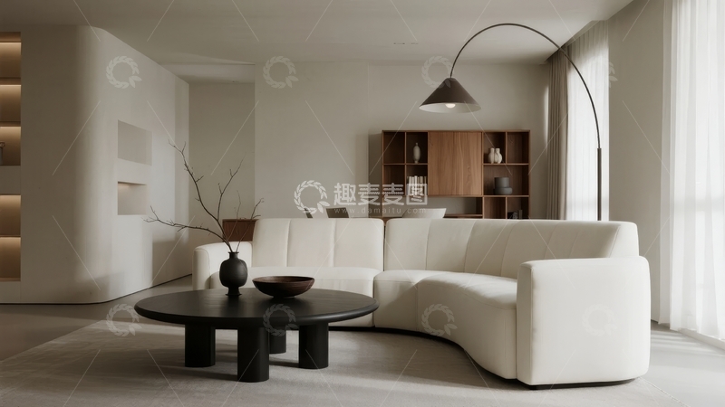高清大图下载【趣麦麦图】现代简约风格客厅白色沙发与木质书柜