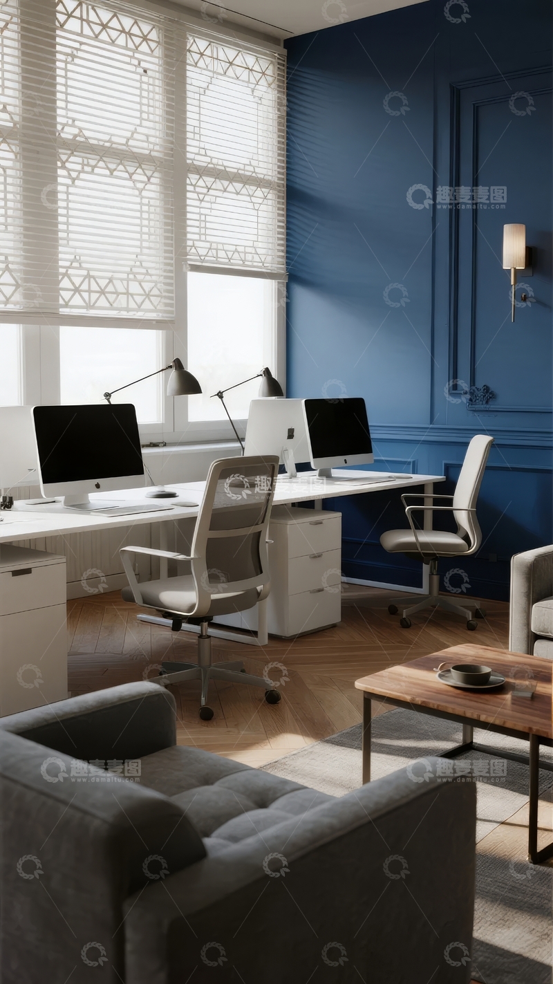 高清大图下载【趣麦麦图】现代办公室设计配备双电脑和蓝色墙面
