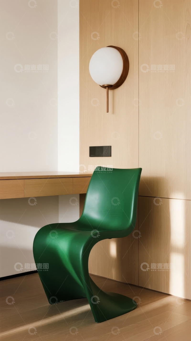 高清大图下载【趣麦麦图】现代简约风格室内绿色椅子与木质墙面装饰