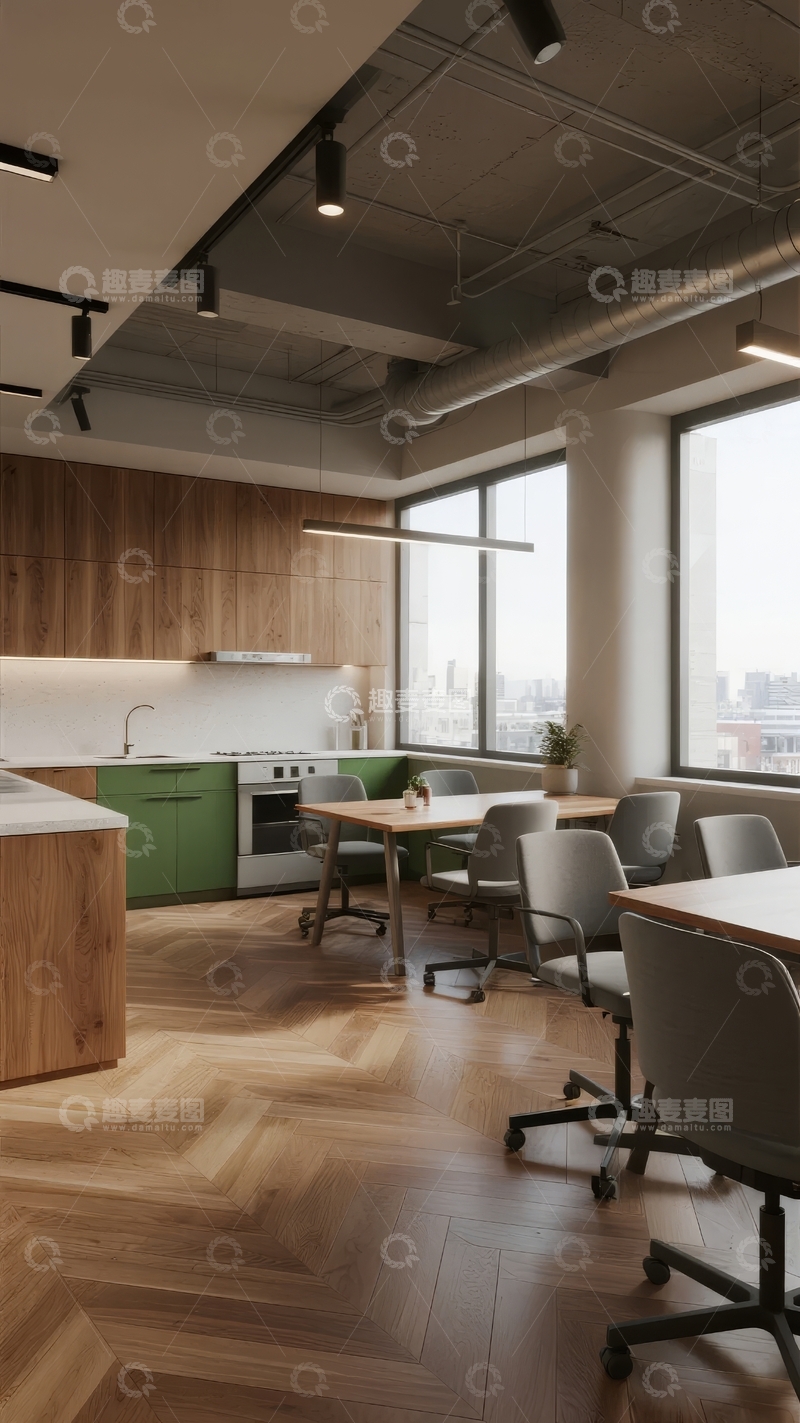 高清大图下载【趣麦麦图】现代开放式厨房与办公区结合的室内设计