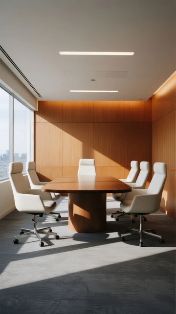现代会议室配备木质长桌和白色座椅