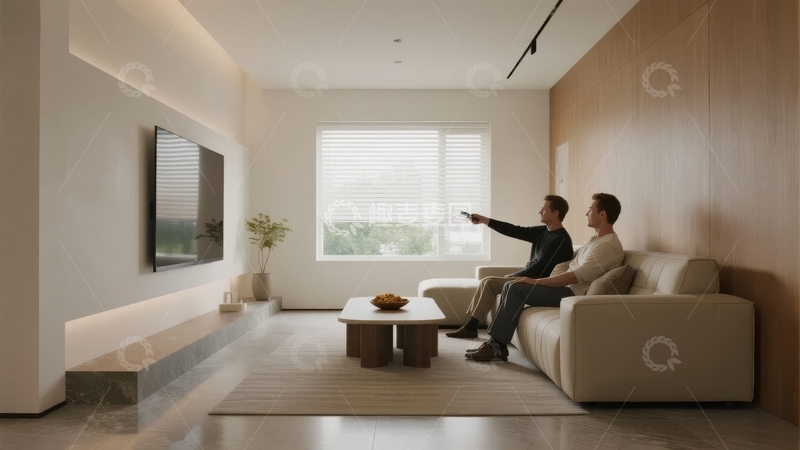 高清大图下载【趣麦麦图】两人在现代简约客厅沙发上观看电视并交谈