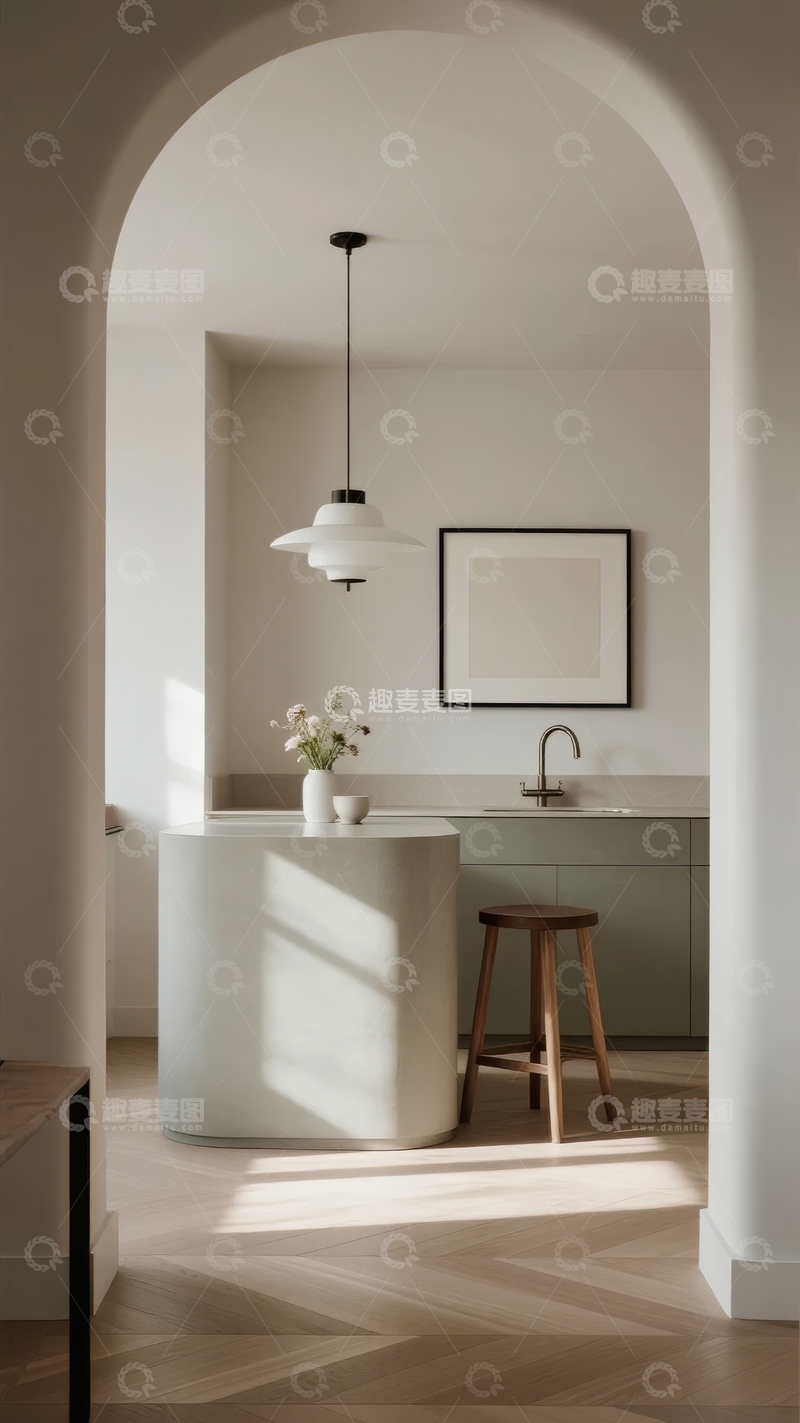 高清大图下载【趣麦麦图】现代简约风格厨房通过拱门展现温馨明亮的室内设计