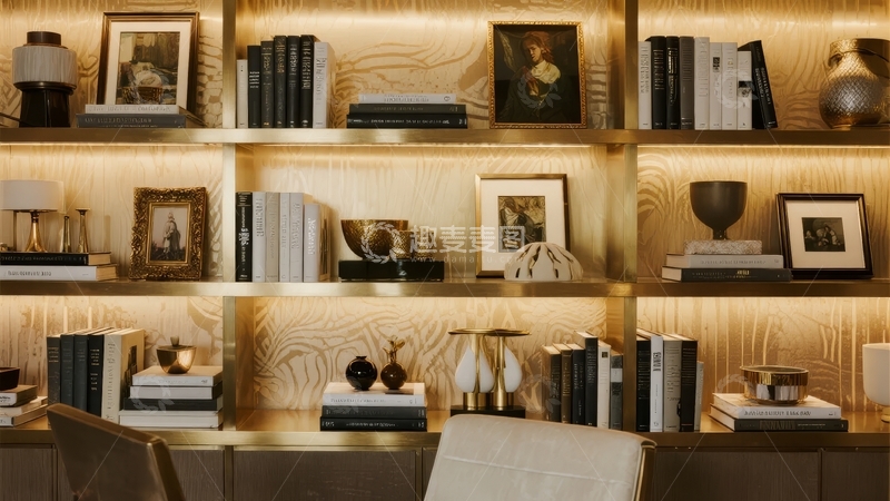高清大图下载【趣麦麦图】装饰精美的书架与舒适座椅构成的优雅室内角落