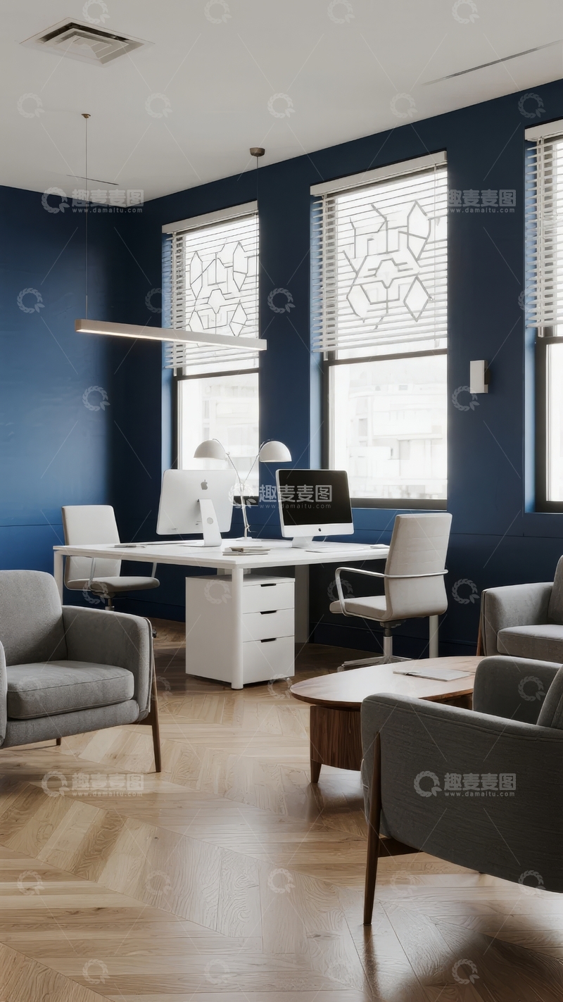 现代办公室内景蓝色墙面配白色办公桌椅