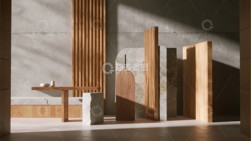 高清大图下载【趣麦麦图】现代简约风格室内空间展示木质与石材装饰元素