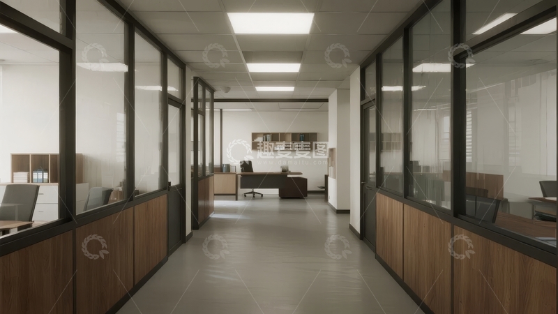 高清大图下载【趣麦麦图】现代办公室走廊宽敞明亮办公隔间排列整齐