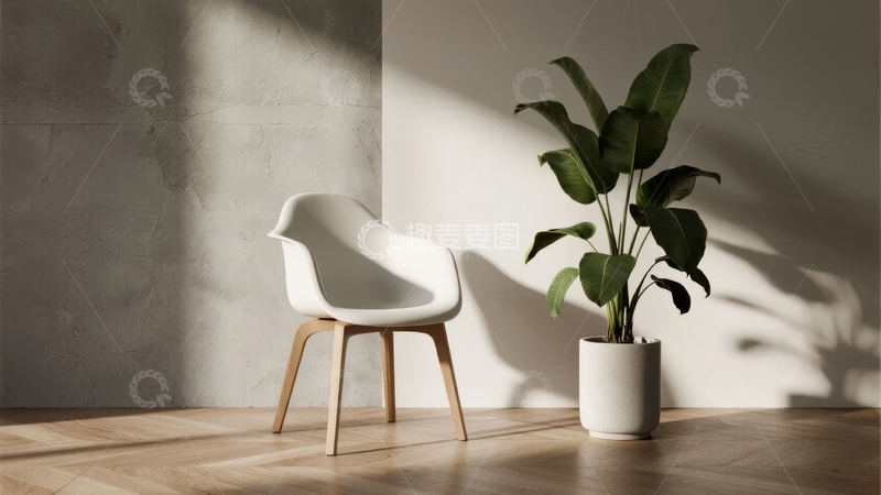 高清大图下载【趣麦麦图】简约室内场景白色椅子与绿植光影