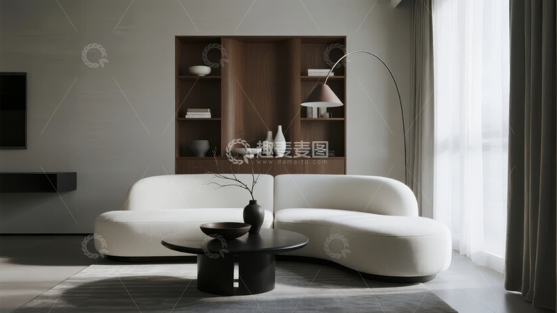 高清大图下载【趣麦麦图】现代简约风格客厅布置白色沙发与木质置物架
