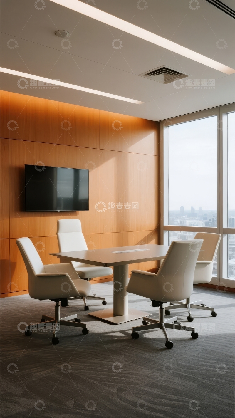 高清大图下载【趣麦麦图】现代会议室配备简洁桌椅和大窗户景观