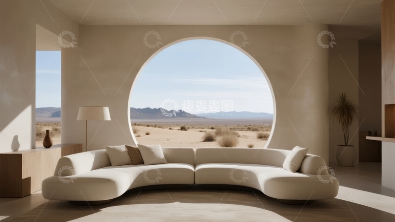 高清大图下载【趣麦麦图】现代室内设计圆形大窗展现沙漠景观