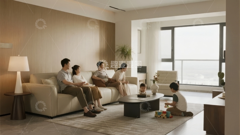 高清大图下载【趣麦麦图】现代客厅中一家五口温馨互动