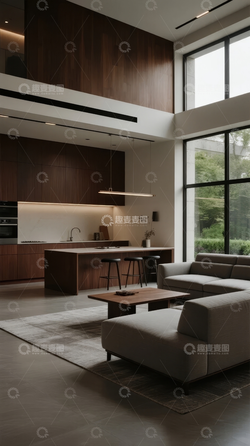 高清大图下载【趣麦麦图】现代简约风格的开放式厨房与客厅空间