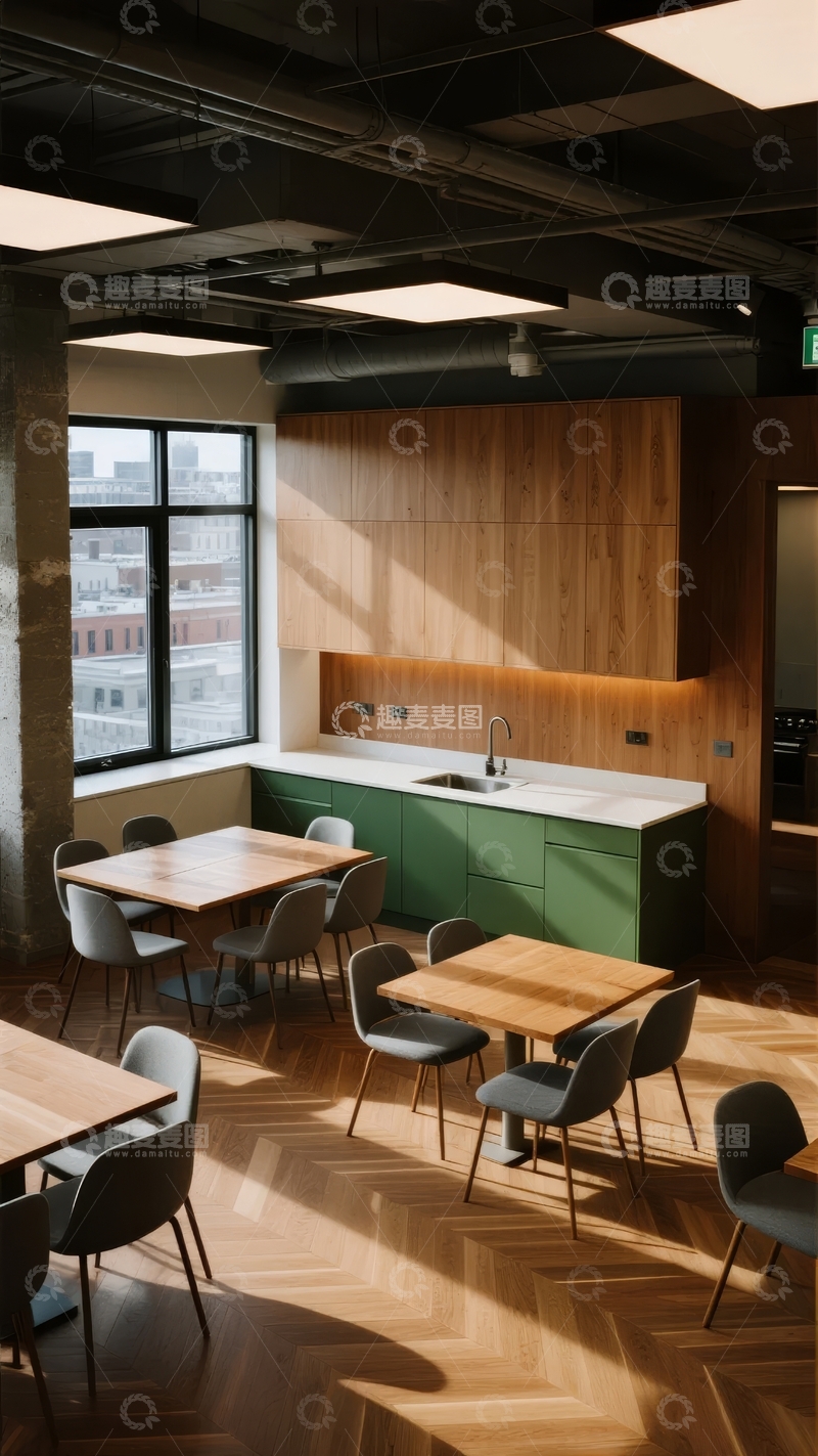 高清大图下载【趣麦麦图】现代简约风格办公室休息区配备木质家具和大面积窗户