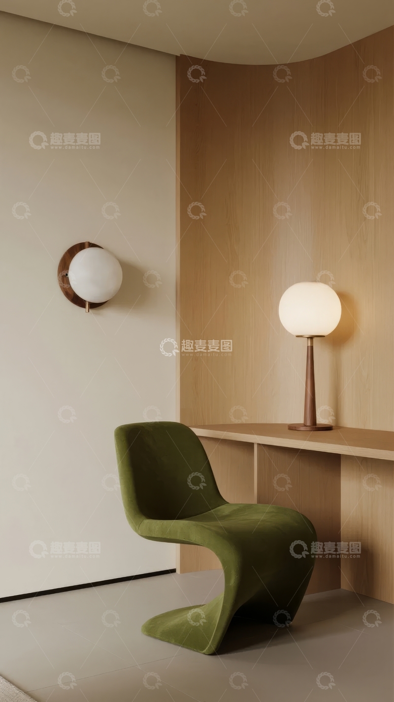高清大图下载【趣麦麦图】现代简约室内一角绿色椅子与圆形灯具装饰