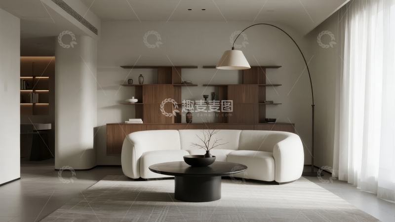 高清大图下载【趣麦麦图】现代简约风格客厅设计以白色沙发和木质置物架为主