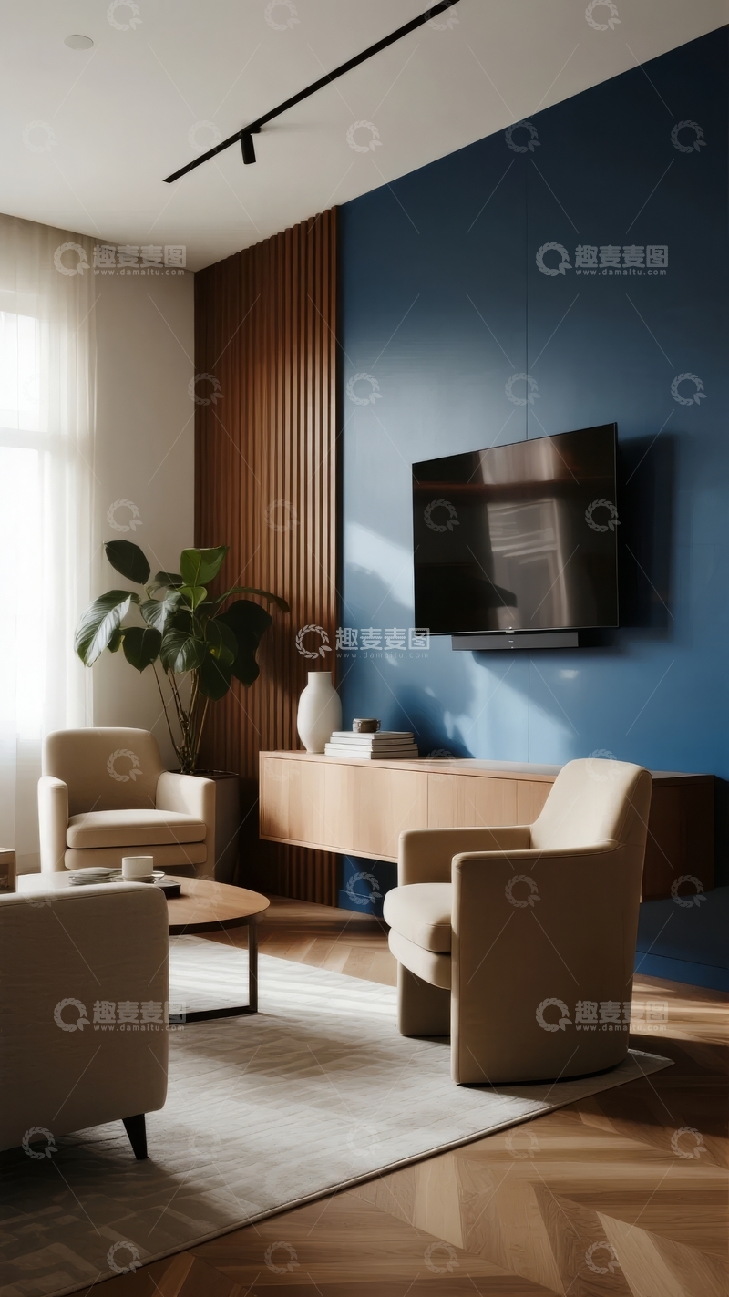 高清大图下载【趣麦麦图】现代客厅设计以蓝色墙面和木质装饰为特色