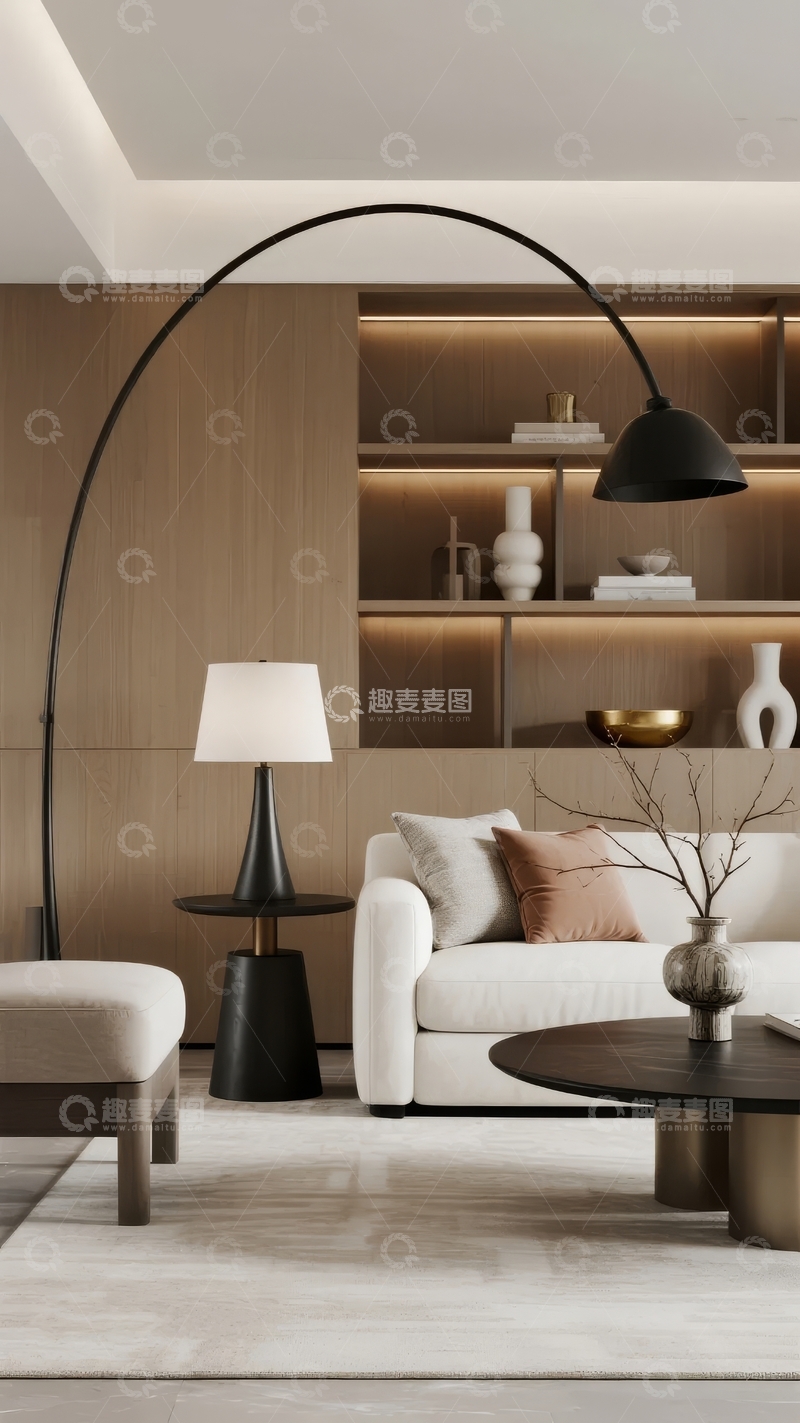 高清大图下载【趣麦麦图】现代简约客厅设计配备弧形落地灯与木质置物架