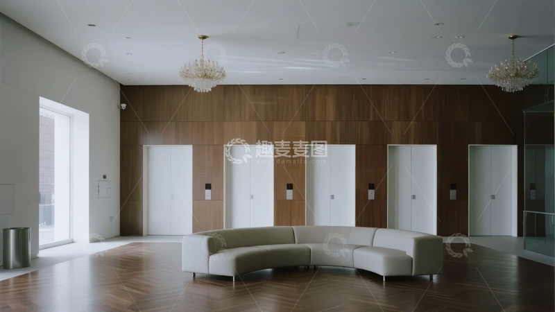 高清大图下载【趣麦麦图】现代简约风格的室内休息区配有弧形沙发和木质墙面